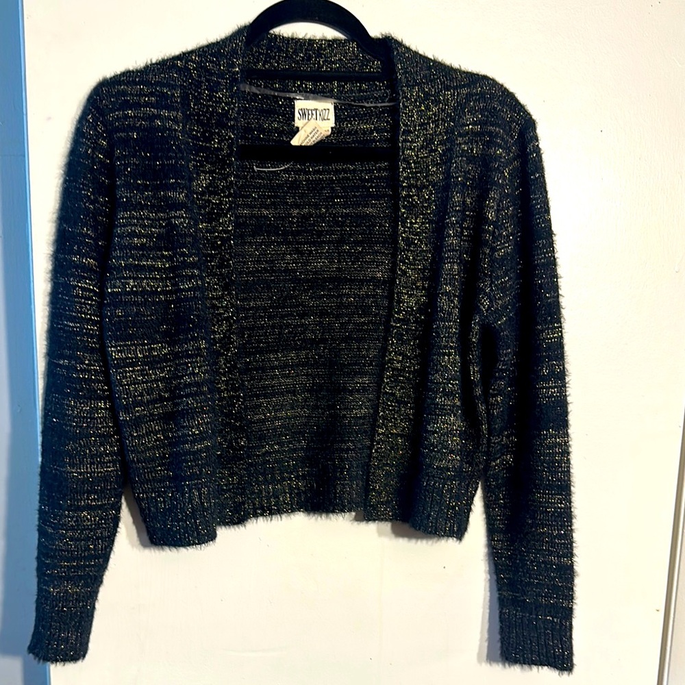 NWOT. Sweet Kizz Black and Gold Women's extra fuzzy Sweater. Size L.